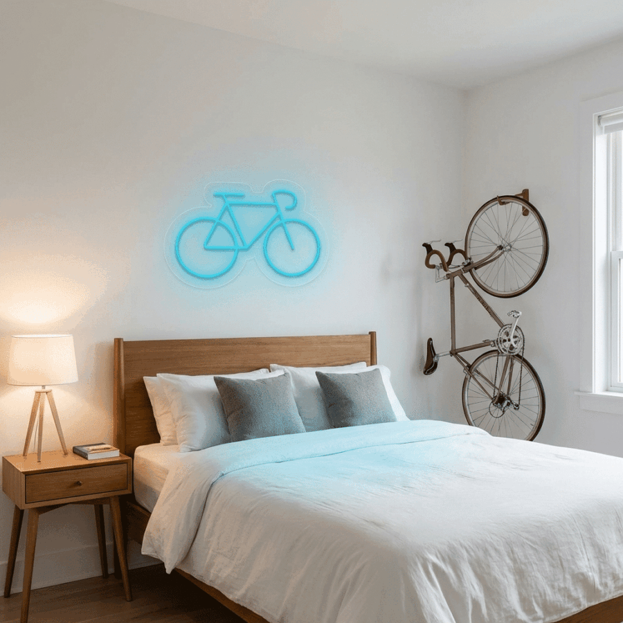 A modern bedroom with a wooden bed, side table, lamp, Neon Bicycle wall light in blue, and a real bicycle mounted on the wall near a window.