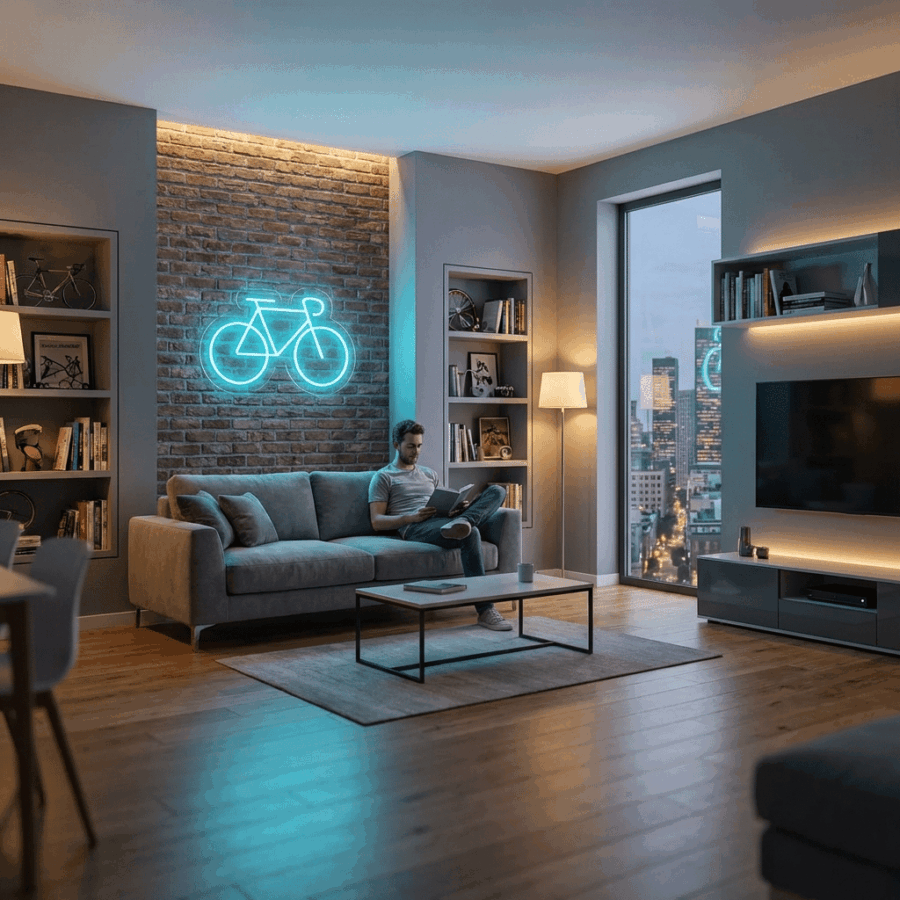 A man sits on a gray sofa in a modern living room with wooden floors and shelves, featuring the Neon Bicycle sign glowing on an exposed brick wall, with city views at dusk.