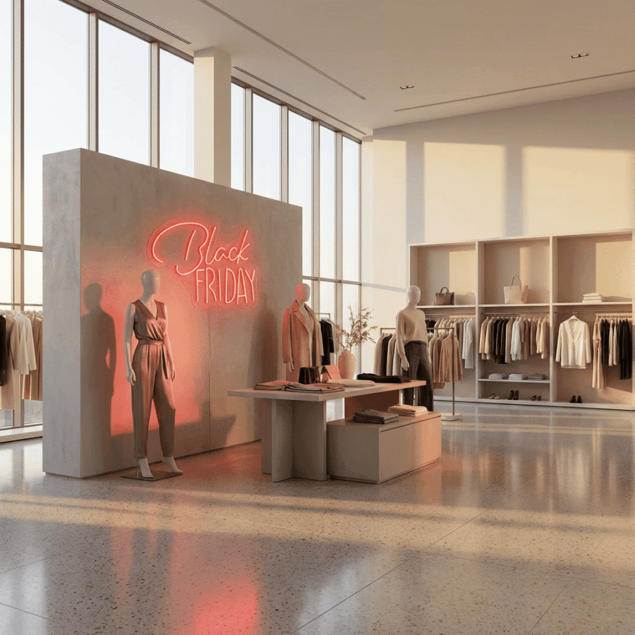 The interior of a clothing store features mannequins, shelves of clothes, and the Black Friday Neon sign glowing in sunlight streaming through large windows.