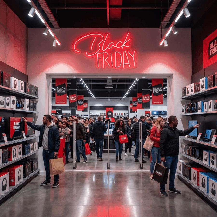 Shoppers fill an electronics store with "Black Friday Neon" signs, browsing stocked shelves. Some carry shopping bags while others check out merchandise.
