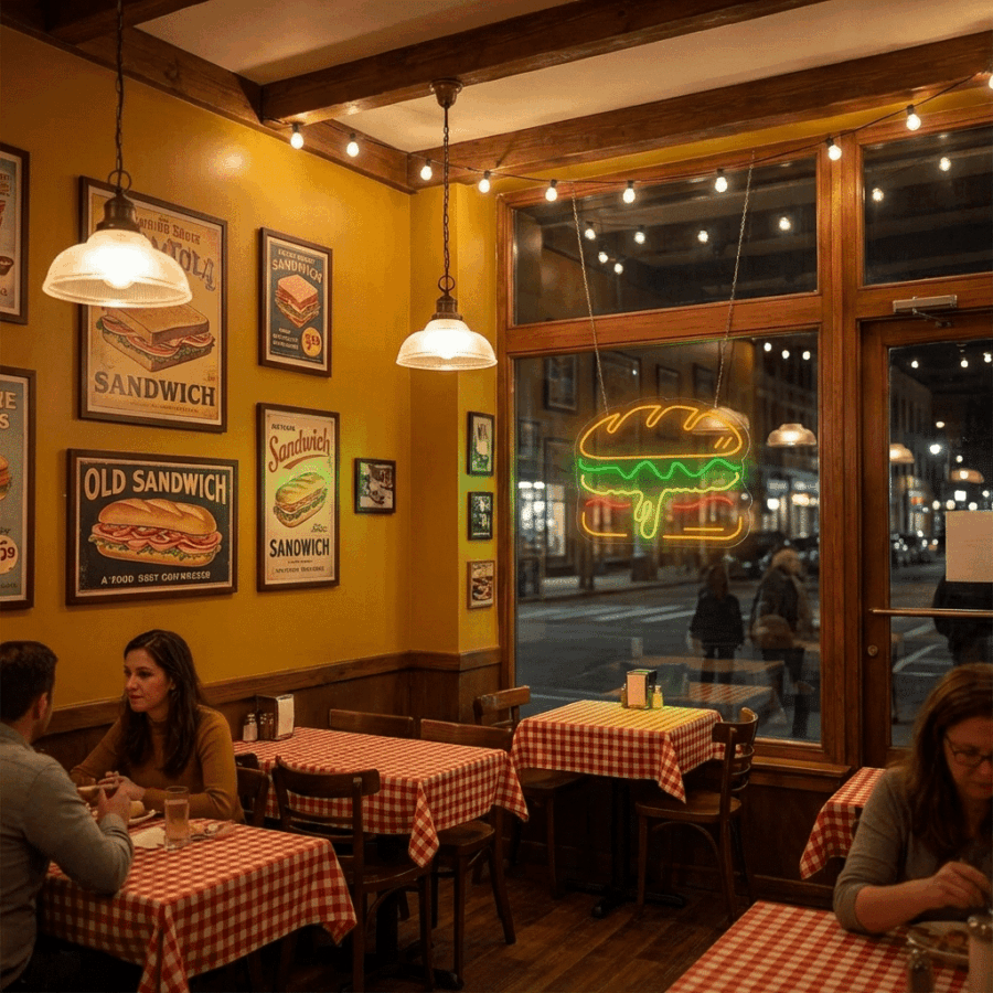 A cozy diner with checkered tablecloths, vintage sandwich posters on yellow walls, and a Neon Speech Bubble sign glowing in the window, viewed from inside at night.