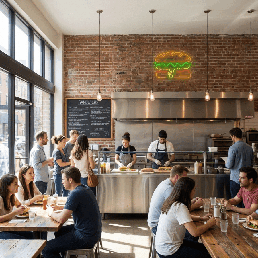 People eat and order food in a casual sandwich shop with large windows, brick walls, and a Neon Speech Bubble sign above the counter where staff prepare meals.