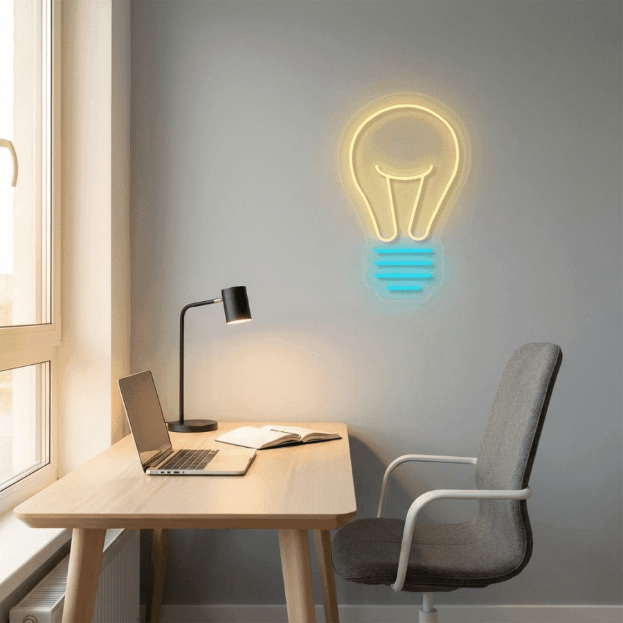 Minimalist workspace featuring a wooden desk, office chair, desk lamp, open notebook, and the Neon Bulb—a glowing lightbulb-shaped neon light—illuminating the gray wall.