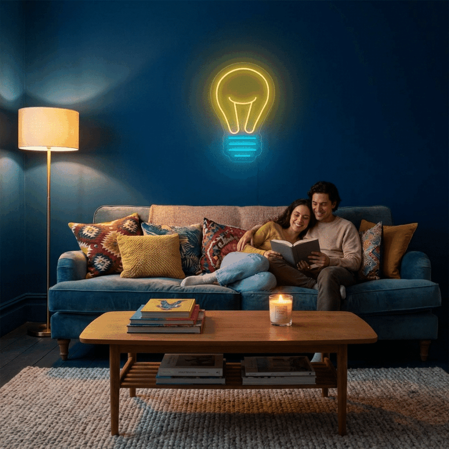 A couple sits on a blue sofa reading together under the Neon Bulb wall sign, with warm lighting, colorful pillows, and a lit candle placed on a wooden coffee table.