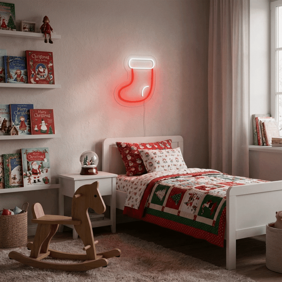 A cozy children's bedroom decorated for Christmas features a holiday quilt, a wooden rocking horse, Christmas books on shelves, and the Christmas Boot Neon light glowing above the bed.