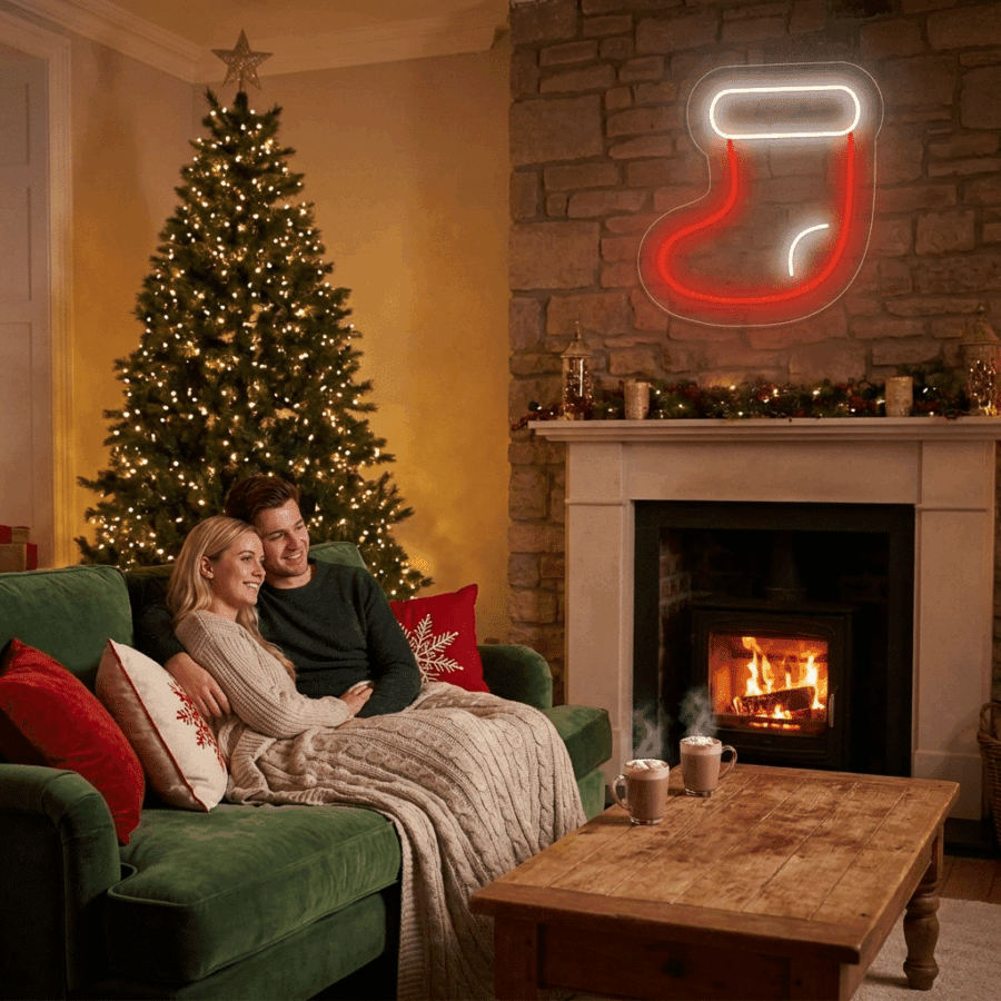 A couple relaxes on a sofa in a cozy living room featuring a Christmas tree, fireplace, and the Christmas Boot Neon glowing on the wall.