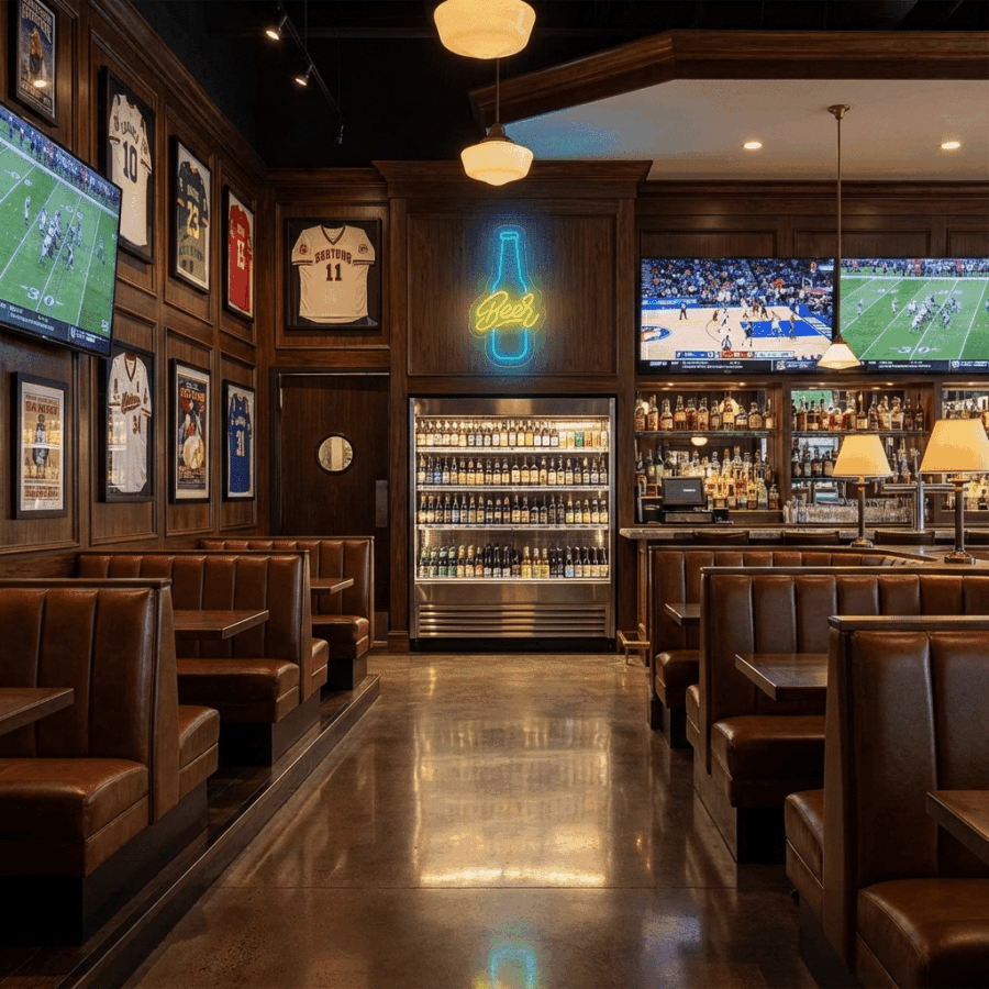 A sports bar interior with brown leather booths, framed jerseys, TVs showing games, and a Beer Bottle Neon sign glowing above a well-stocked fridge behind the bar.