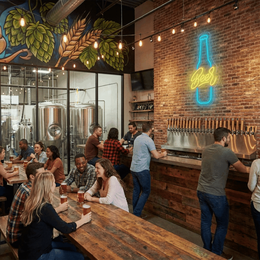 People sit and chat at wooden tables in a brewery taproom featuring large stainless tanks, exposed brick walls, and the Beer Bottle Neon sign glowing vibrantly above.