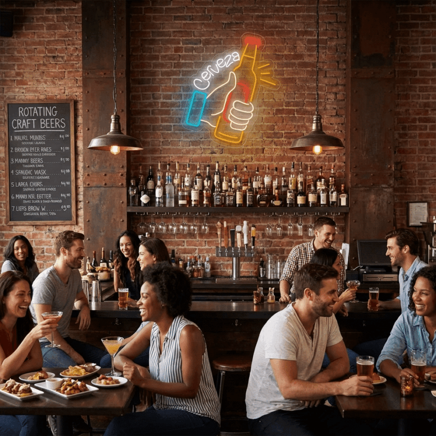 People sit at tables in a bar with exposed brick walls, eating, drinking, and talking. A Beer Bottle Neon sign and a craft beer menu are visible behind the bar.