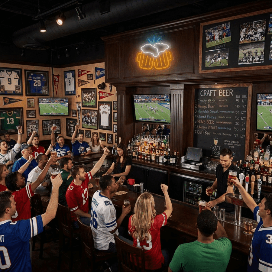 A group wearing football jerseys cheers and raises drinks for a lively Neon Beer Toast while watching a football game on TV at a busy sports bar.