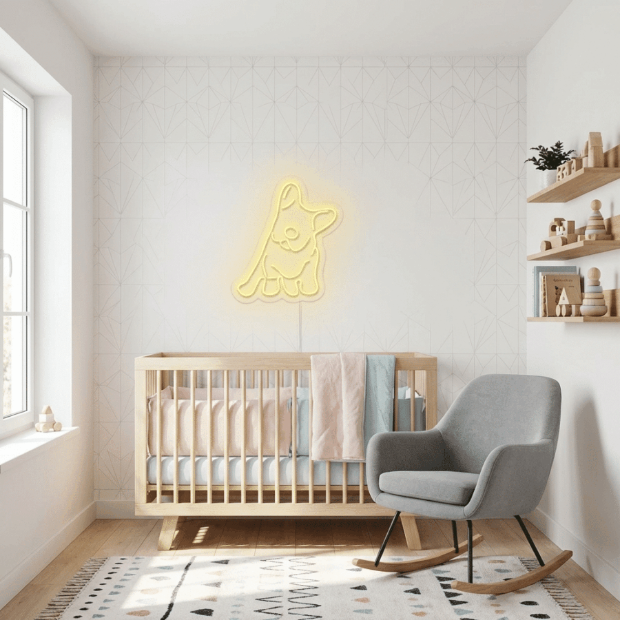 Modern nursery with a wooden crib, gray rocking chair, geometric rug, decor shelves, and the French Bulldog Neon glowing on the wall above the crib.