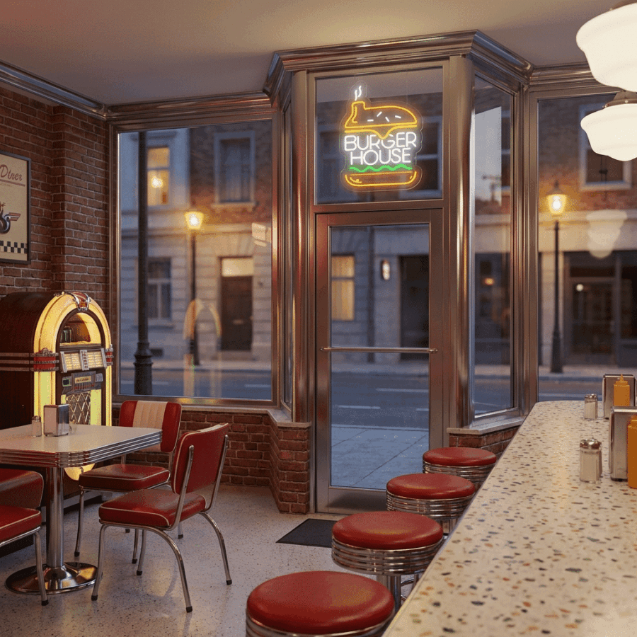 Neon Burger House features a retro diner interior with red stools, a jukebox, checkered tables, and a glowing #BurgerLove neon sign, all visible at dusk through its large corner windows.