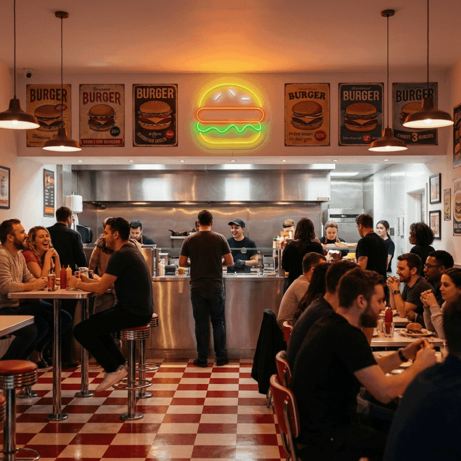 A busy diner with red checkered floors, customers dining at tables and counters, and staff preparing food beneath burger-themed decor and the Simple Neon Burger sign.