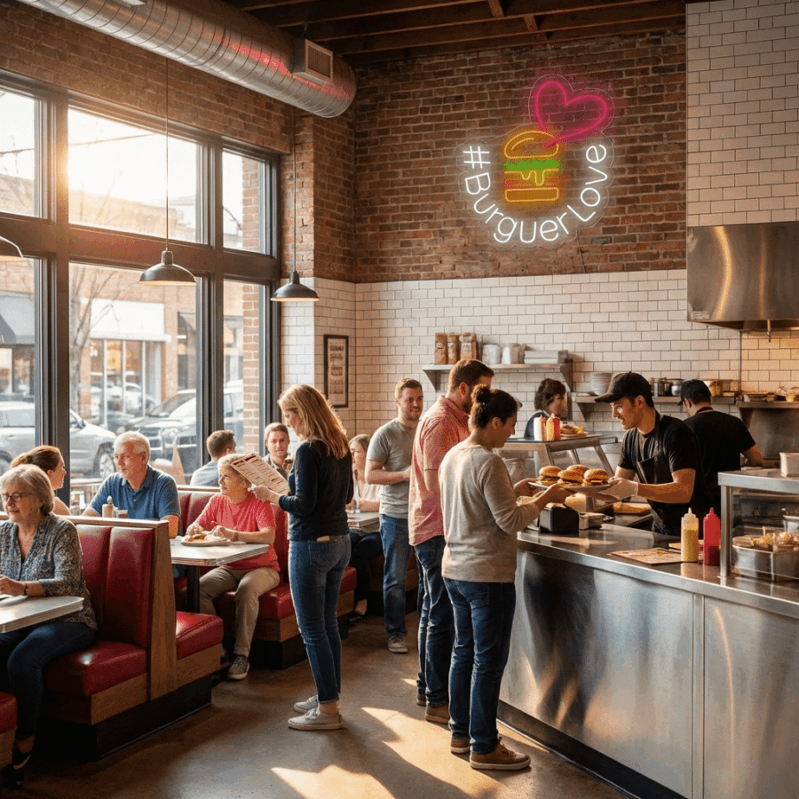 A lively diner scene features the Neon #BurgerLove sign with a burger and heart design, brick walls, red booths, and people enjoying their meals.
