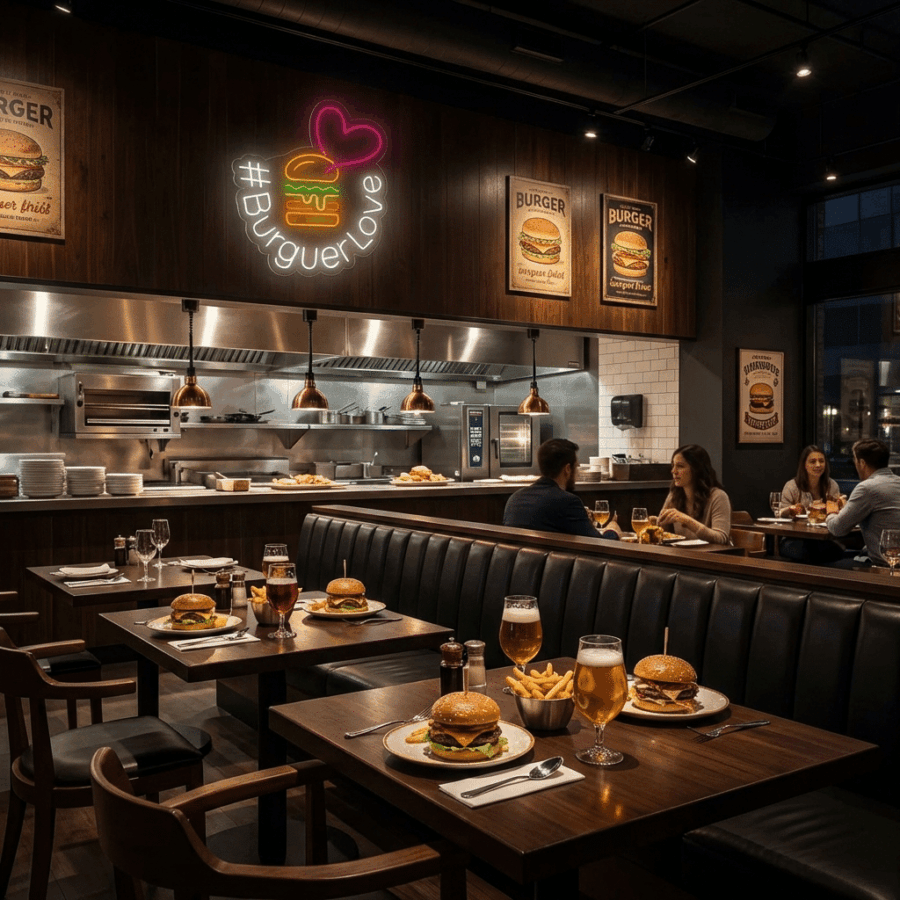 A modern restaurant interior features tables with burgers, fries, and beer. Diners relax in booths under the Neon #BurgerLove sign glowing above the open kitchen.