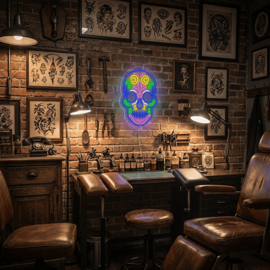 Tattoo studio featuring leather chairs, brick walls, framed tattoo art, and the Neon Skull sign glowing above shelves filled with tools and bottles under two desk lamps.