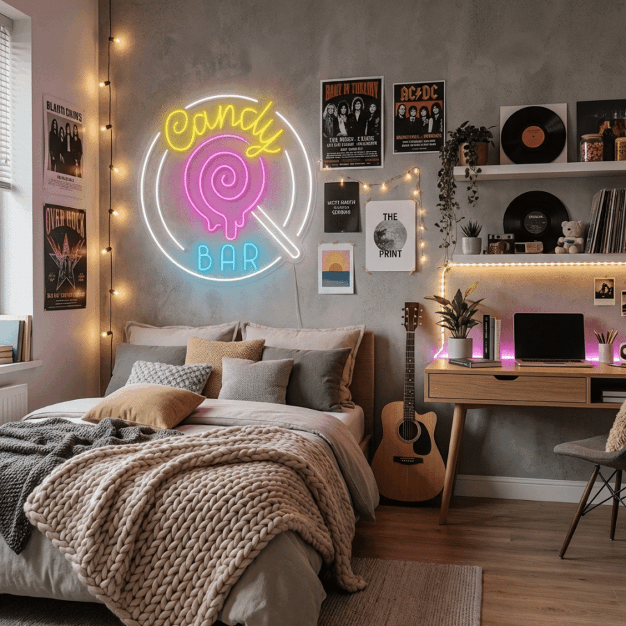 A cozy bedroom featuring a bed, desk, guitar, wall art, vinyl records, string lights, music posters, and the vibrant Candy Bar Neon sign.
