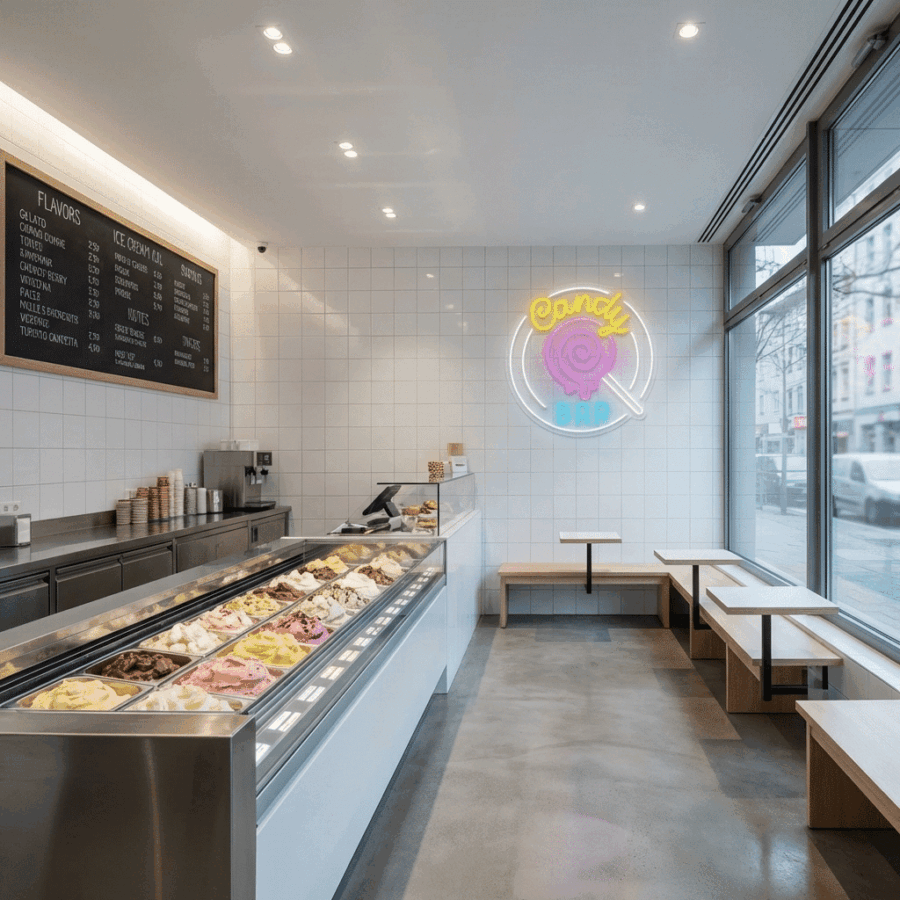 Modern ice cream shop interior featuring the Candy Bar Neon sign on a tiled wall, a display case with assorted gelato flavors, a menu board above the counter, and wooden benches.