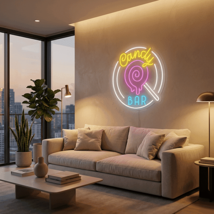 Modern living room with a beige sofa, coffee table, and large windows, featuring the Candy Bar Neon sign with a lollipop graphic on the wall.