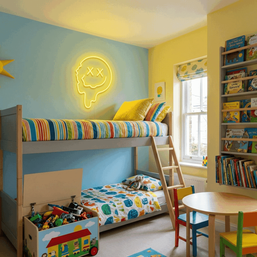 Children’s bedroom with blue and yellow walls, a bunk bed, bookshelves, toy box, and the Smiling Face Neon glowing cheerfully above the top bunk.