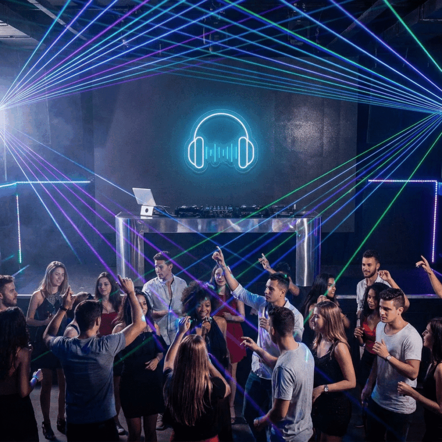 People dancing in a nightclub with colorful laser lights and a DJ booth featuring Neon DJ Helmets and a neon headphone sign in the background.