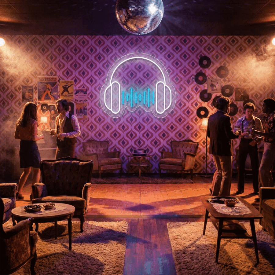 People gather in a retro-themed lounge with vintage decor, a glowing neon headphone sign, Neon DJ Helmets showcased as art pieces, and a sparkling disco ball suspended from the ceiling.