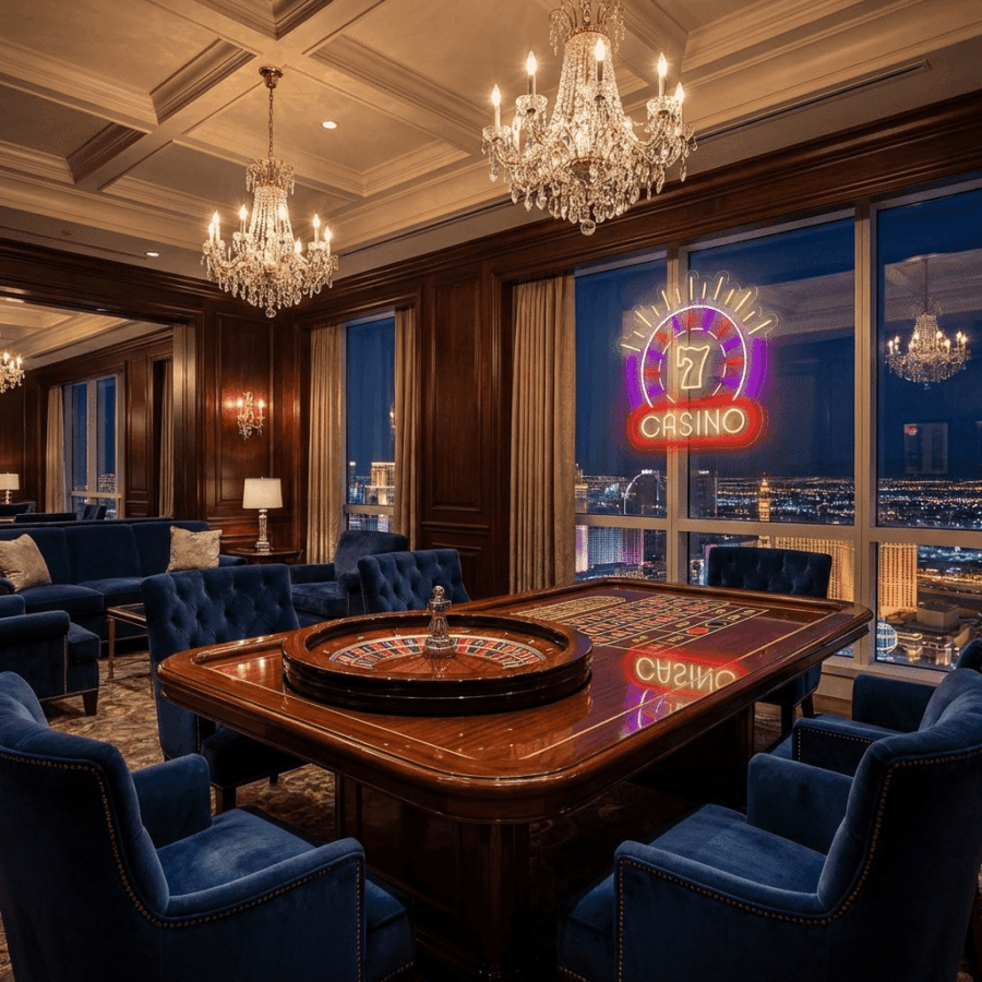 An elegant casino room featuring a roulette table, blue velvet chairs, chandeliers, wood paneling, and the Neon CASINO sign, all overlooking a nighttime cityscape.