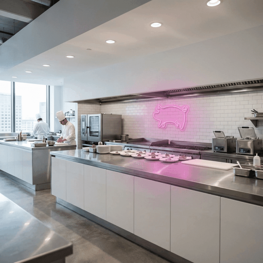 A modern commercial kitchen features chefs at work, stainless steel counters, and the Neon Pig sign glowing pink on the tiled wall.