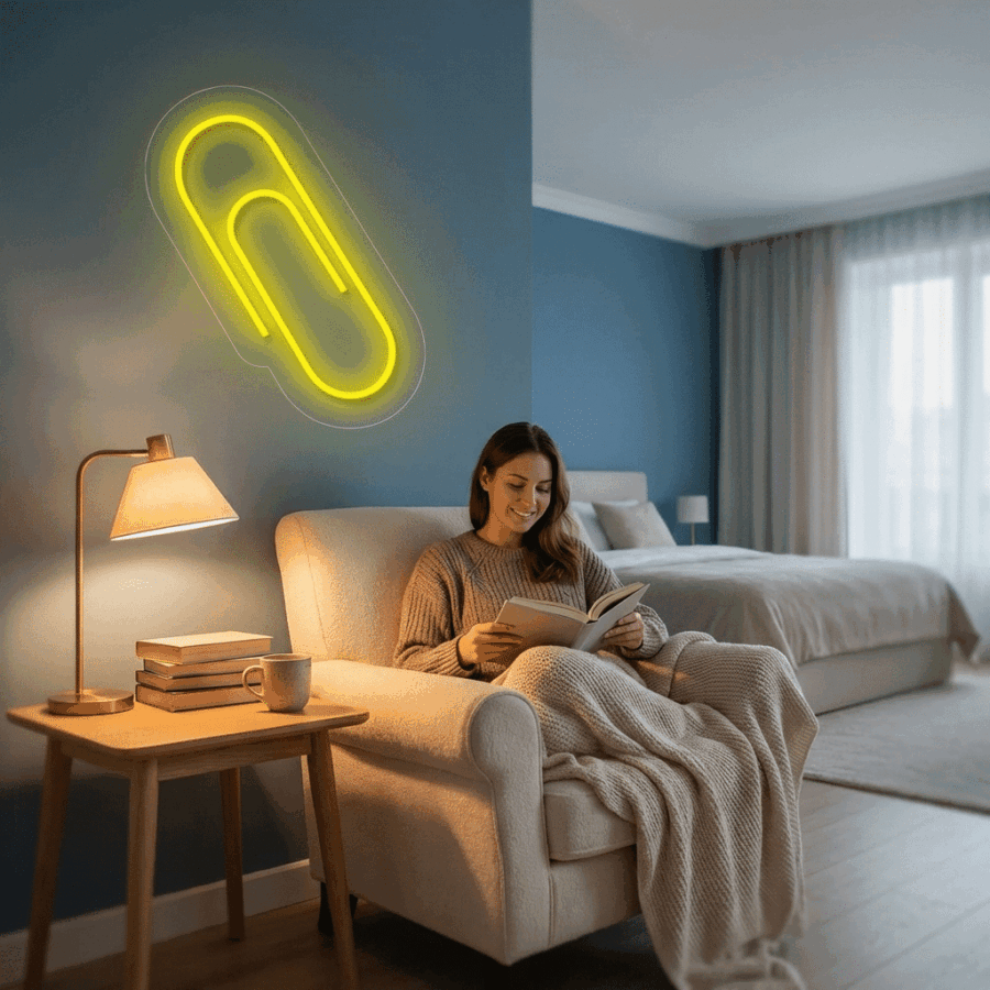 A woman sits in an armchair reading a book in a cozy bedroom, with the glowing yellow Neon Clip sign on the wall behind her.