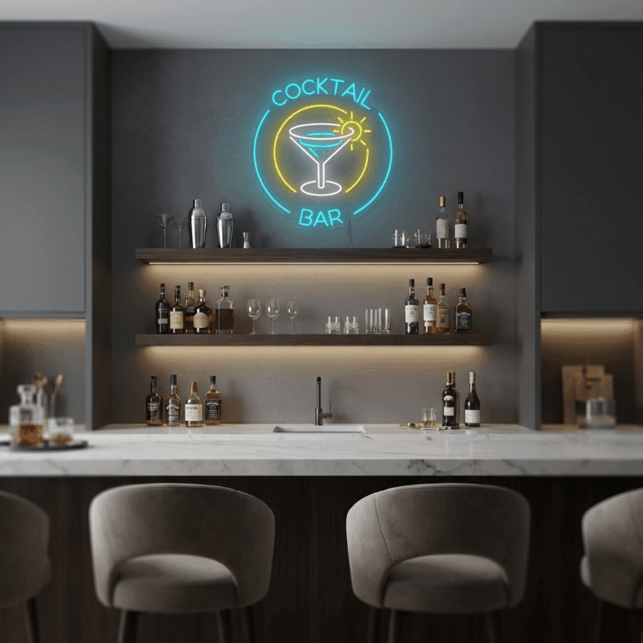 Create a stylish home bar with the Neon Cocktail Bar sign, featuring a martini glass design, set above a modern marble countertop and shelves stocked with liquor bottles and glassware.