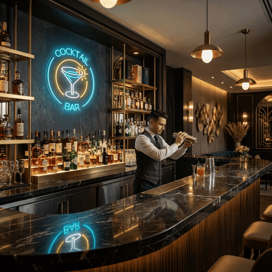 A bartender in a vest shakes a cocktail behind a marble bar with shelves of liquor and a Neon Cocktail Bar sign in this modern setting.