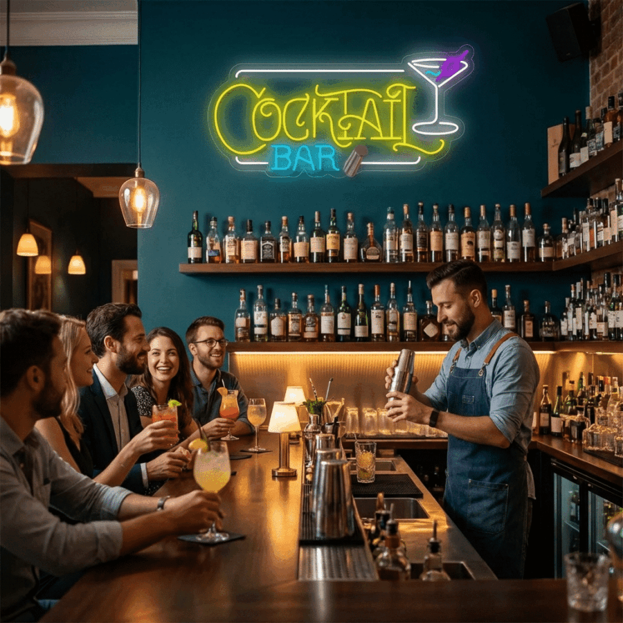A bartender makes drinks for patrons at a bar, with the Neon Cocktail Bar Horizontal sign glowing and liquor bottles displayed on shelves in the background.