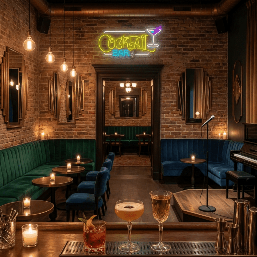 A cozy cocktail bar featuring exposed brick walls, velvet seating, small tables, candles, and the Neon Cocktail Bar Horizontal sign glowing above three cocktails placed on the counter in the foreground.