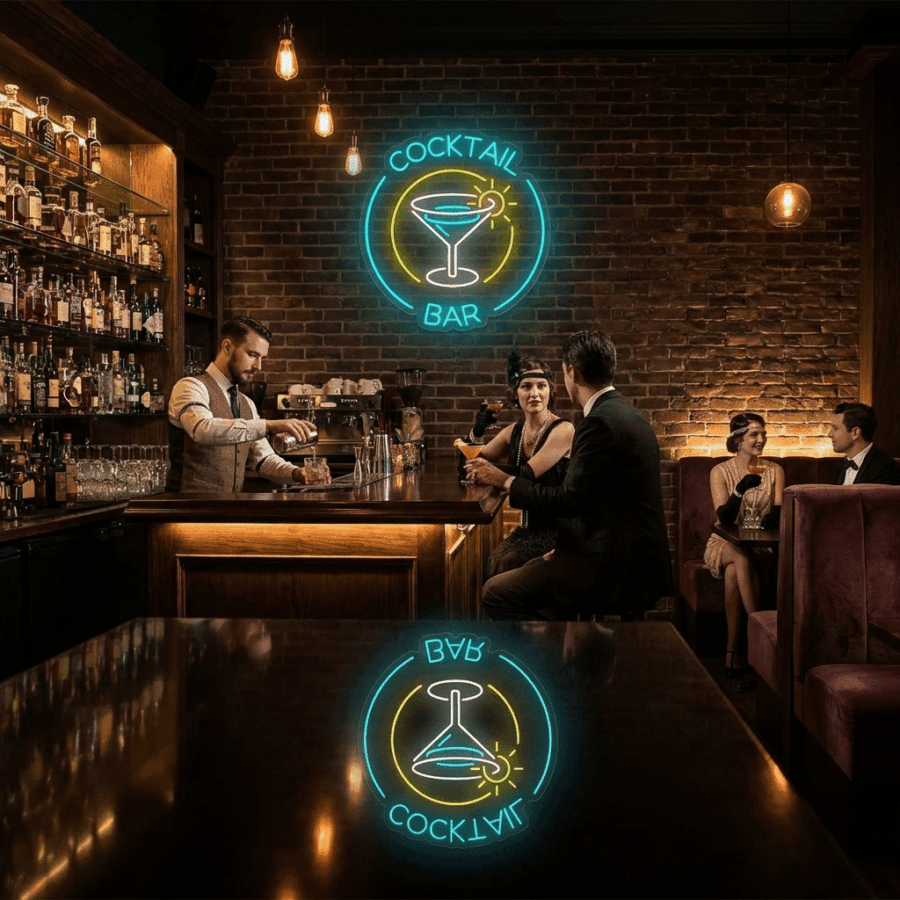A bartender serves drinks to guests at a bar with the Neon Cocktail Bar sign glowing on a brick wall and bottles lined up on shelves behind the counter.