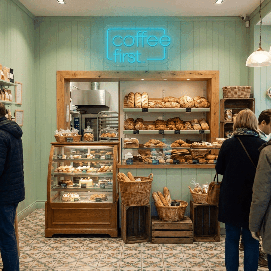 Customers line up at a bakery filled with fresh bread and pastries, while the vibrant Neon Coffee First sign above invites everyone to savor hot drinks and delicious treats.