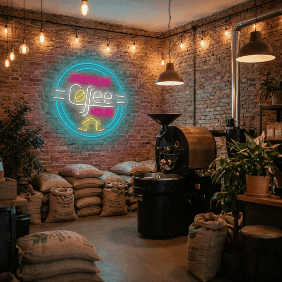 A cozy coffee shop with exposed brick walls, a glowing Premium Coffee House Neon sign, a coffee roasting machine, burlap sacks of beans, hanging lights, and potted plants.