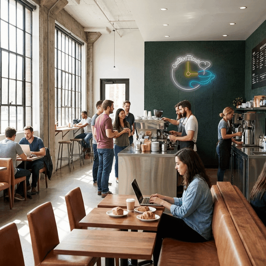 People work, chat, and order drinks in a modern coffee shop with large windows, wooden tables, and a glowing Coffee Time Neon sign on the back wall.
