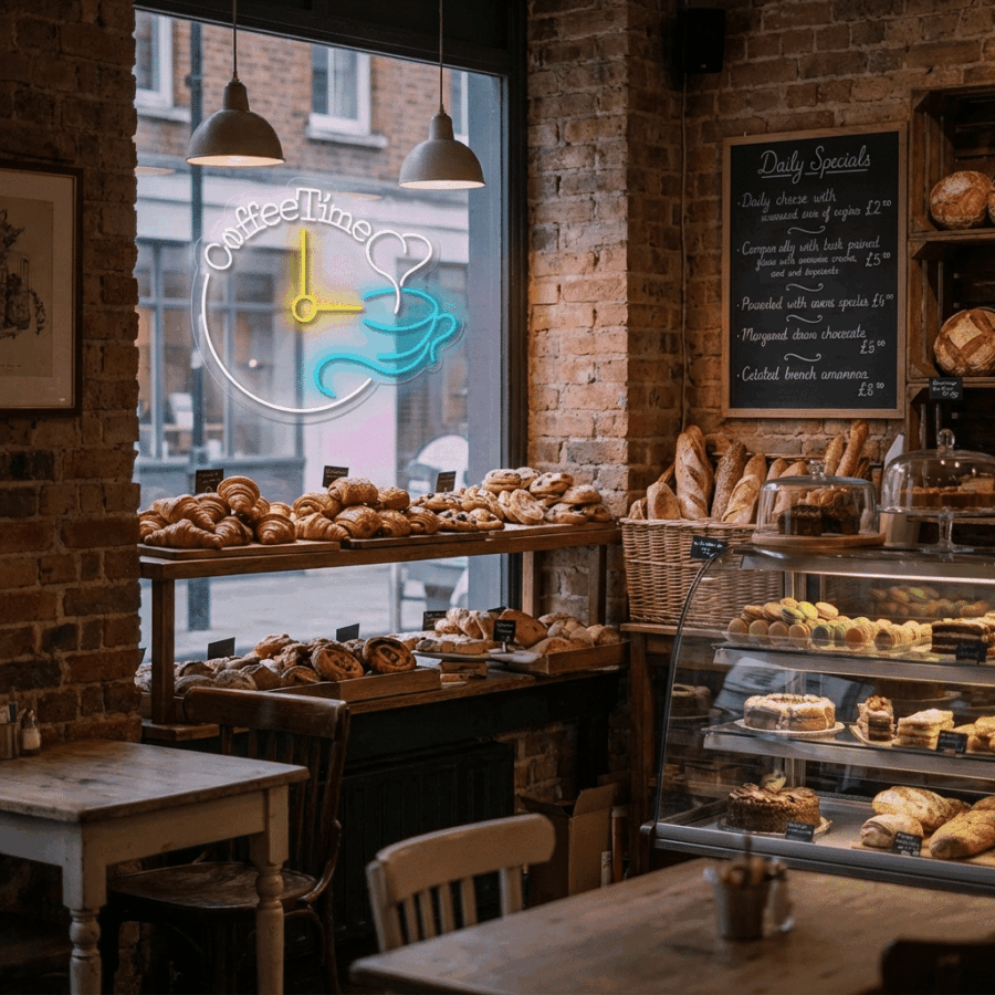 A cozy bakery interior with pastries on display, a Coffee Time Neon sign in the window, rustic brick walls, a menu board, and a playful neon selfie area for guests.