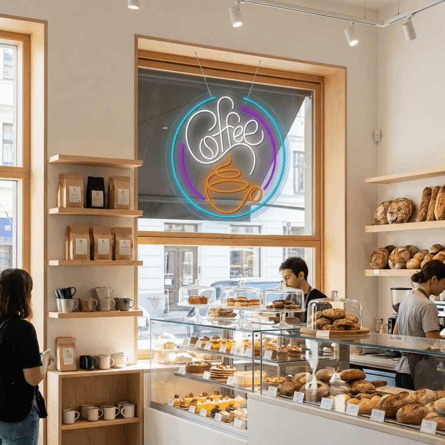 A modern bakery café with shelves of bread and pastries, a display counter, customers ordering, and the vibrant Neon Coffee Circular sign illuminating the window.