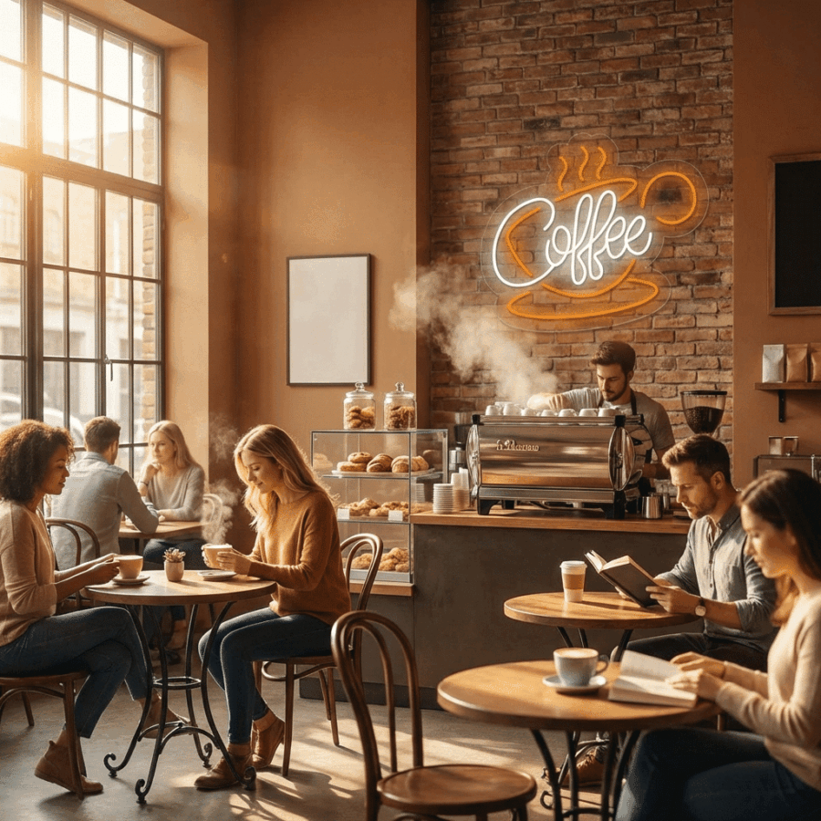 People sit at tables in a cozy coffee shop with large windows, reading and sipping coffee, while a barista prepares drinks behind the counter near the Neon Coffee with Cup sign.