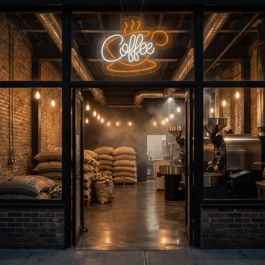 View through a glass door into a coffee roastery with burlap sacks of beans, industrial roasters, exposed brick walls, and a glowing Neon Coffee with Cup sign above the entrance.
