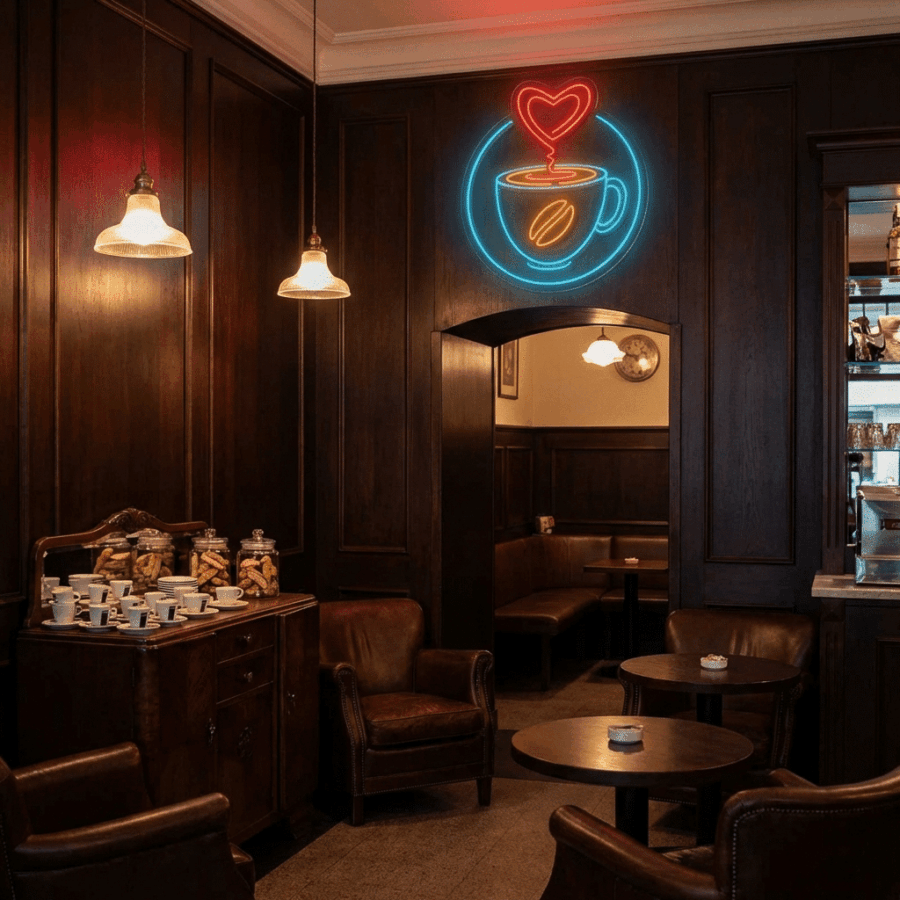 Neon Coffee features a cozy café interior with dark wood paneling, leather chairs, small round tables, and a neon coffee cup sign with a heart above it on the wall.