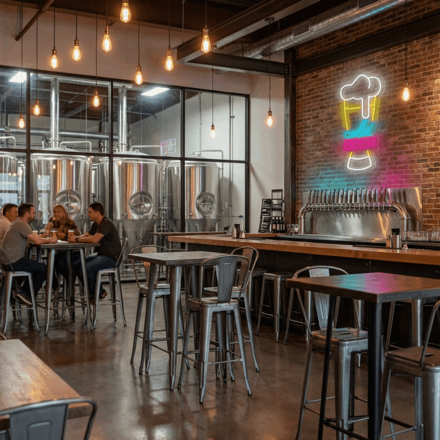 A modern brewery taproom features high tables, stools, stainless steel tanks in the background, and a Cold Beer Neon sign on an exposed brick wall. Four people are chatting at one table.