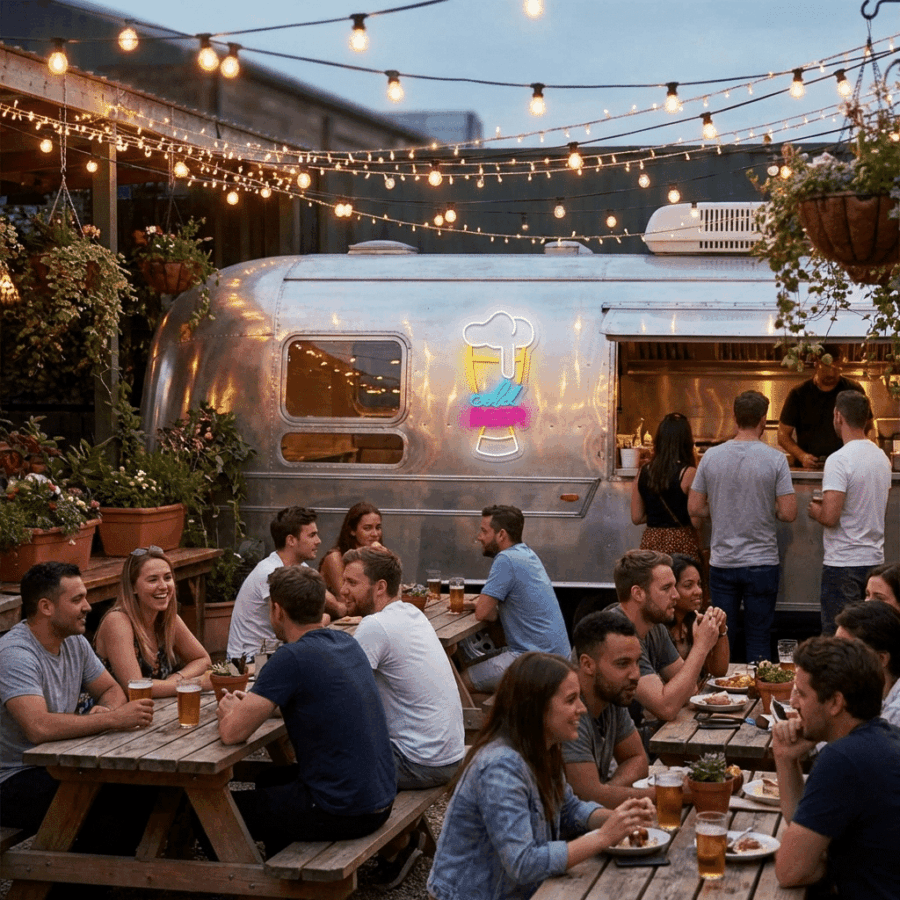 People gather at wooden picnic tables, eating and drinking under string lights and a glowing Cold Beer Neon sign outside a food truck in a lively outdoor setting.