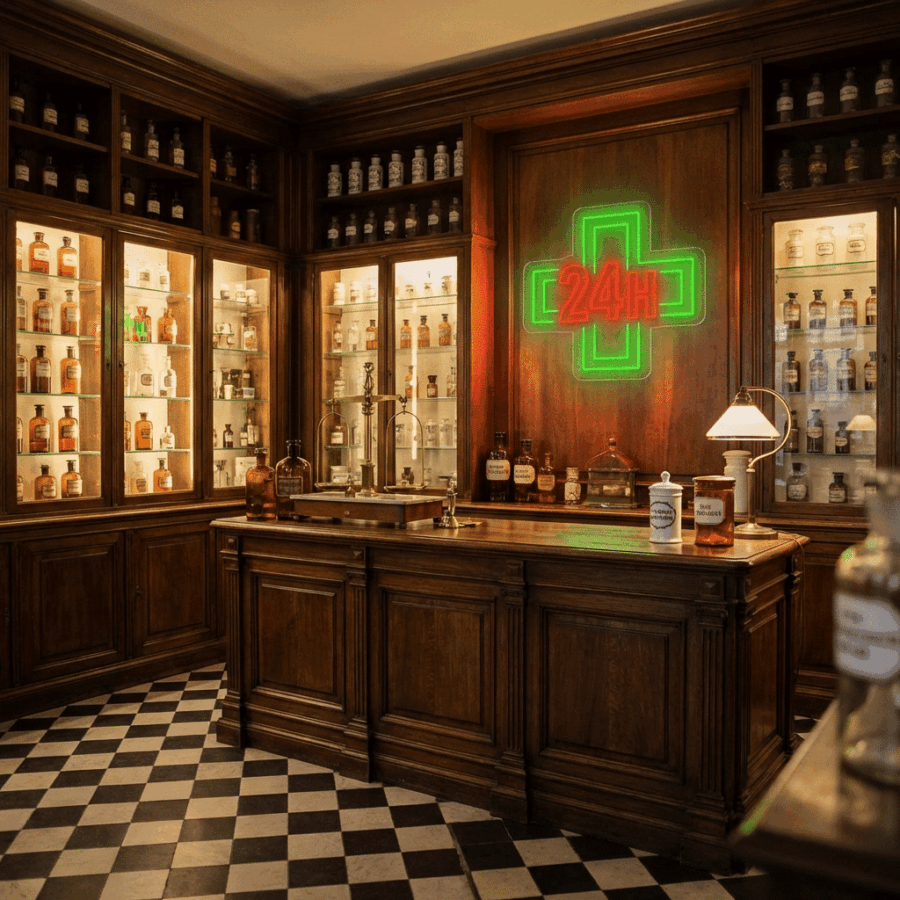 A vintage-style pharmacy interior with wooden cabinets, glass bottles, a checkered floor, and a green "24H Pharmacy Neon Cross" sign above the counter.