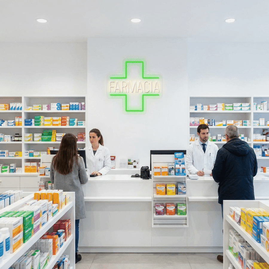 Two pharmacists assist customers at the counter in a brightly lit pharmacy with a Neon Cross + Pharmacy sign and shelves of medications.