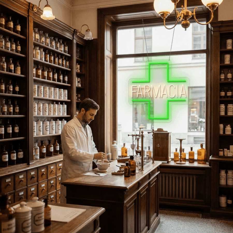 A pharmacist in a white coat prepares medication in a classic pharmacy with wooden shelves and a Neon Cross + Pharmacy sign glowing in the window.