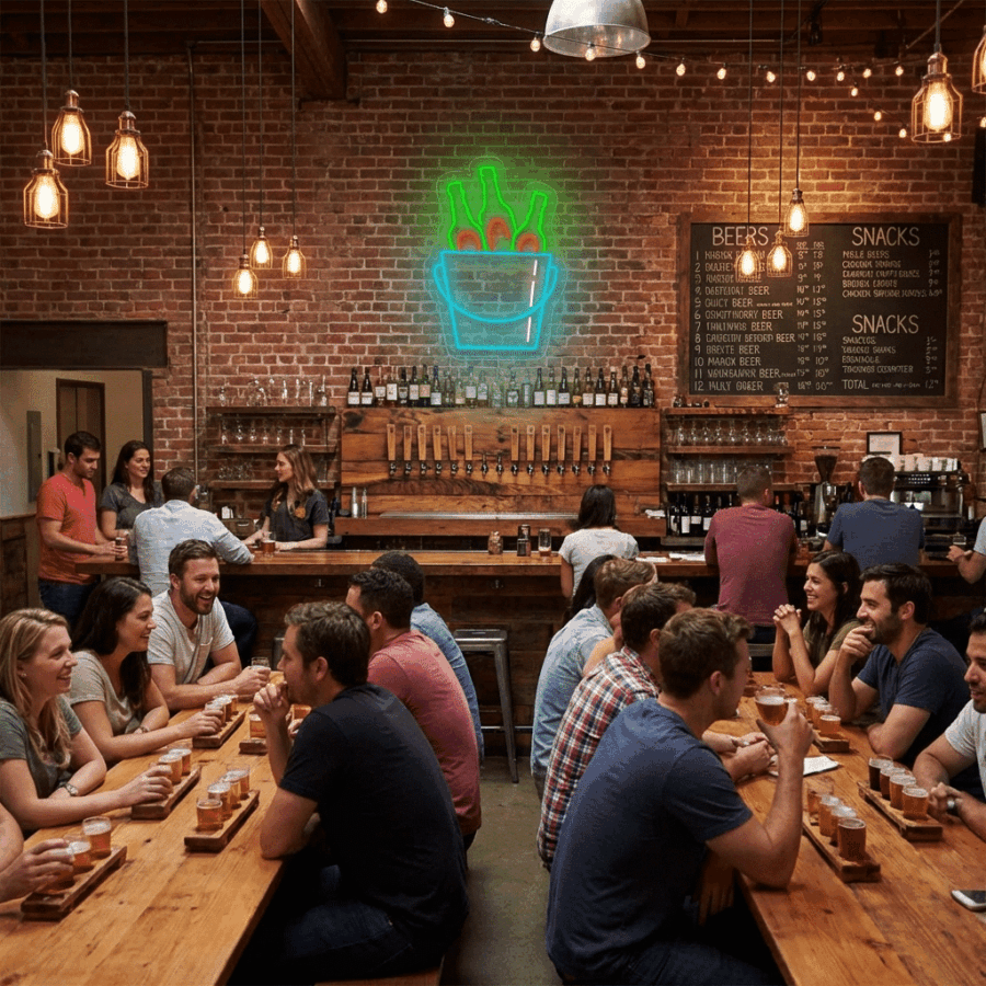 People enjoy beer flights at wooden tables in a lively bar with exposed brick walls, while the Beer Cube Neon sign and a chalkboard menu glow behind the bar.