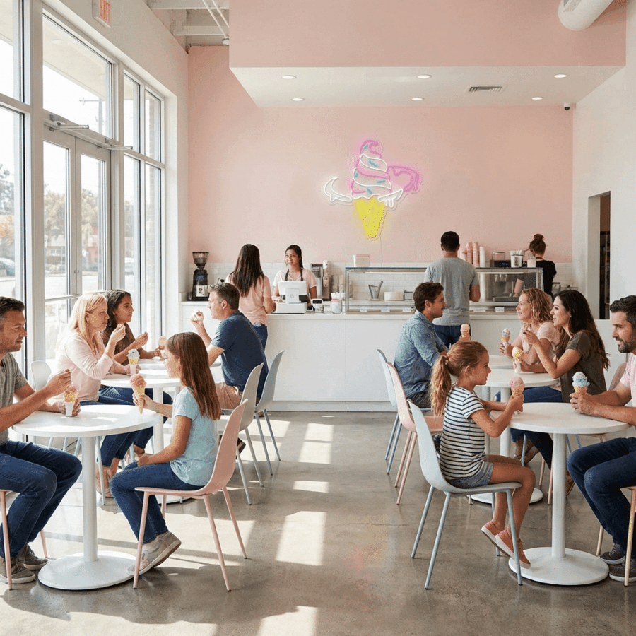 Customers of all ages enjoy ice cream and chat at tables in a bright shop, where large windows let in sunlight and the Ice Cream Cone Neon sign glows above the counter on the back wall.