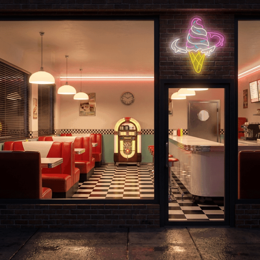A retro diner with red booth seating, black-and-white checkered floor, a jukebox, and the Ice Cream Cone Neon above the entrance glows at dusk, seen from the sidewalk.